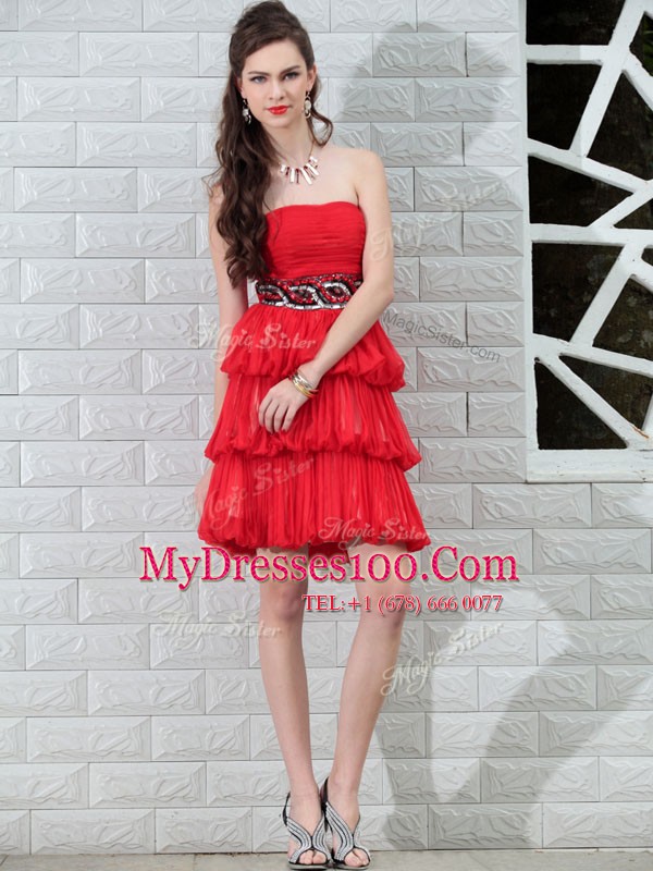 Red Sleeveless Beading Knee Length Club Wear