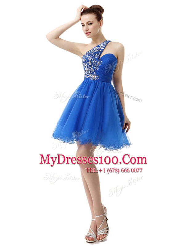 Royal Blue A-line One Shoulder Sleeveless Organza Knee Length Criss Cross Beading Prom Evening Gown