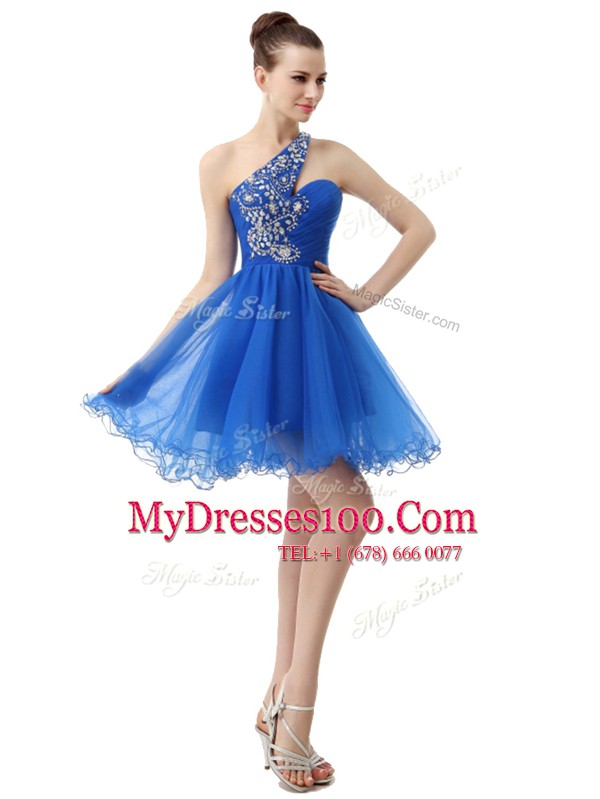 Royal Blue A-line One Shoulder Sleeveless Organza Knee Length Criss Cross Beading Prom Evening Gown