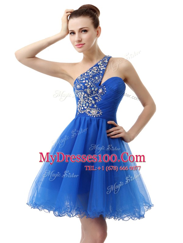 Royal Blue A-line One Shoulder Sleeveless Organza Knee Length Criss Cross Beading Prom Evening Gown