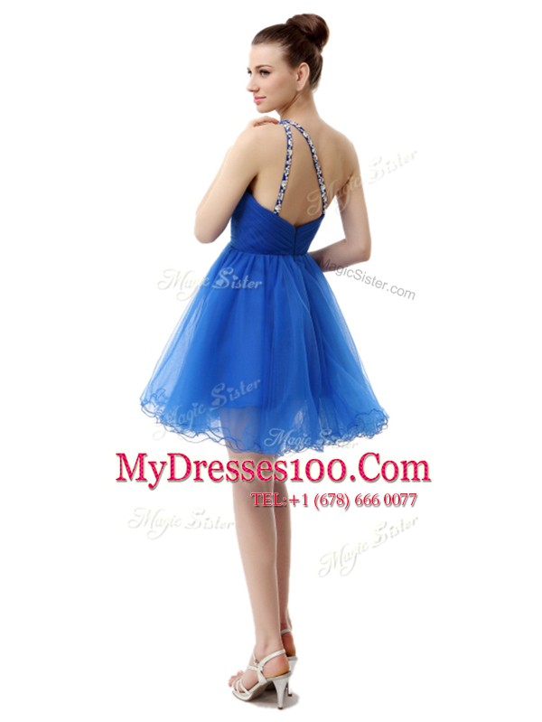 Royal Blue A-line One Shoulder Sleeveless Organza Knee Length Criss Cross Beading Prom Evening Gown