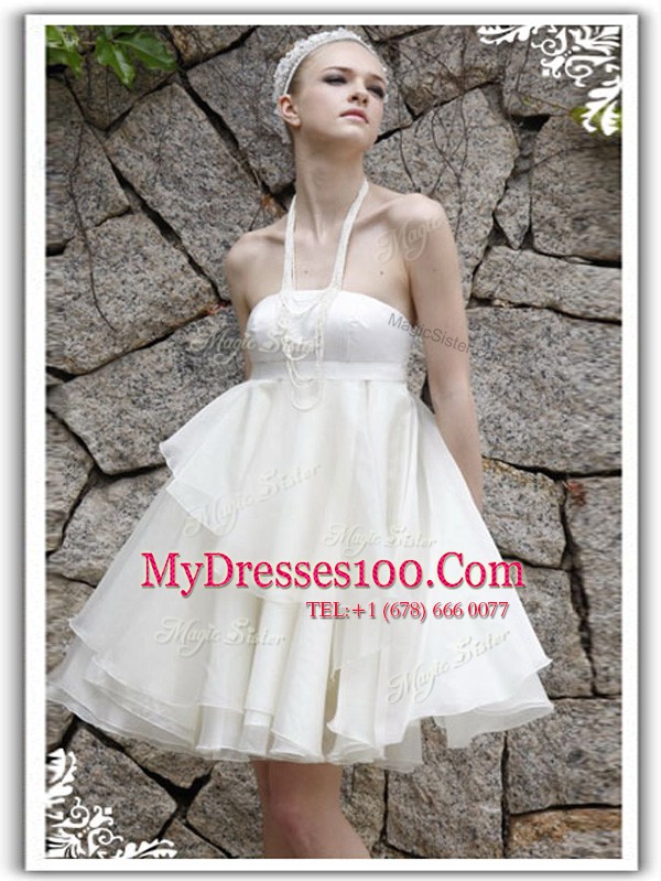 Fantastic Halter Top White Empire Ruffles Party Dress for Toddlers Zipper Organza Sleeveless Knee Length