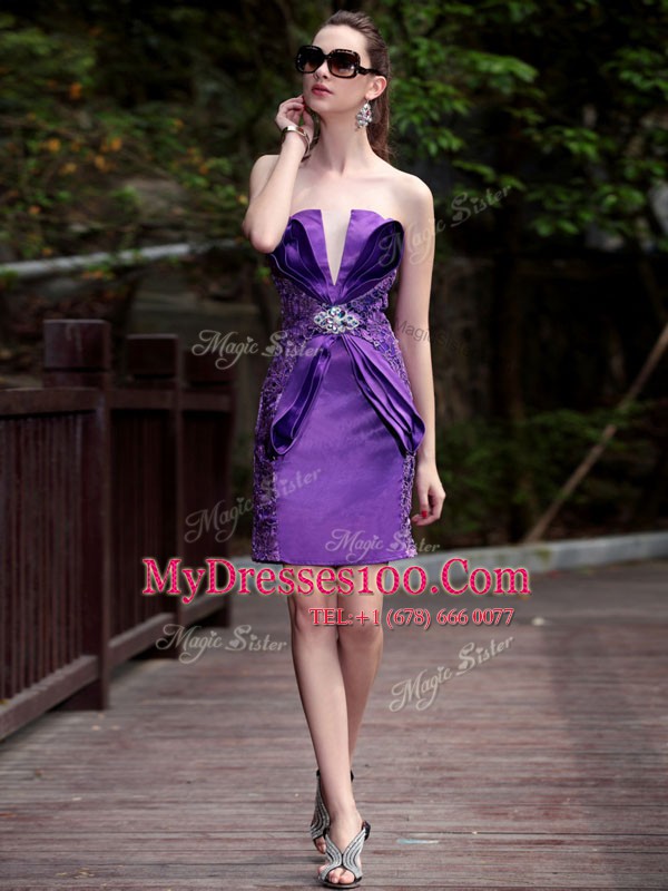 Eye-catching Purple Sleeveless Beading and Appliques Knee Length Prom Party Dress