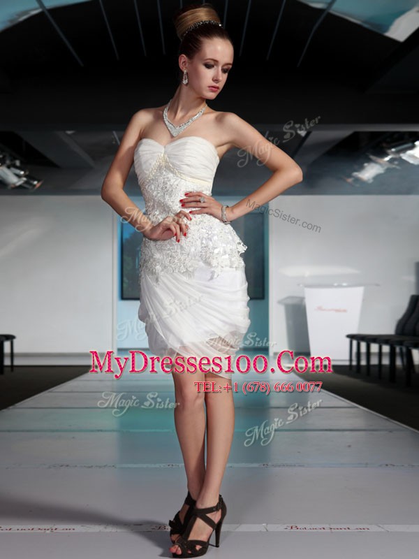 Elegant Sleeveless Knee Length Beading and Ruching Side Zipper Club Wear with White