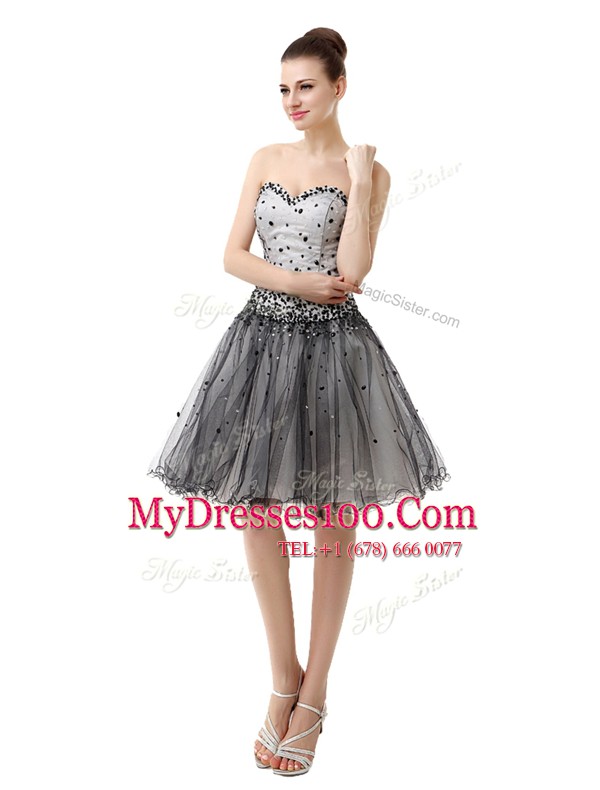 High End Sleeveless Organza Knee Length Lace Up in Black with Beading and Ruffled Layers and Ruching