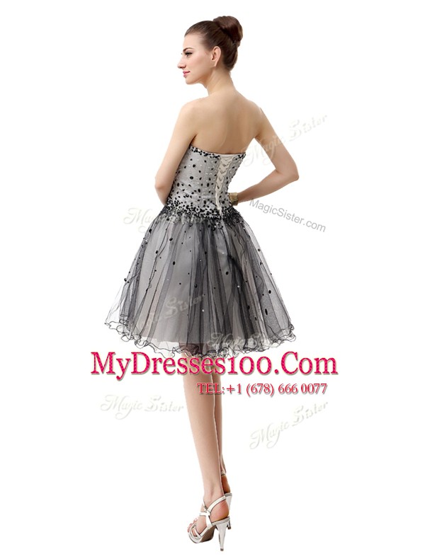 High End Sleeveless Organza Knee Length Lace Up in Black with Beading and Ruffled Layers and Ruching