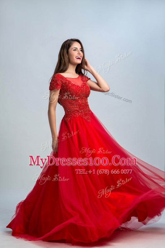 Red A-line Lace Prom Dress Zipper Tulle Cap Sleeves Floor Length