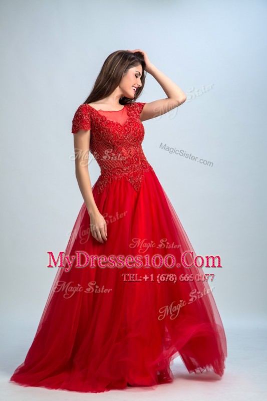 Red A-line Lace Prom Dress Zipper Tulle Cap Sleeves Floor Length