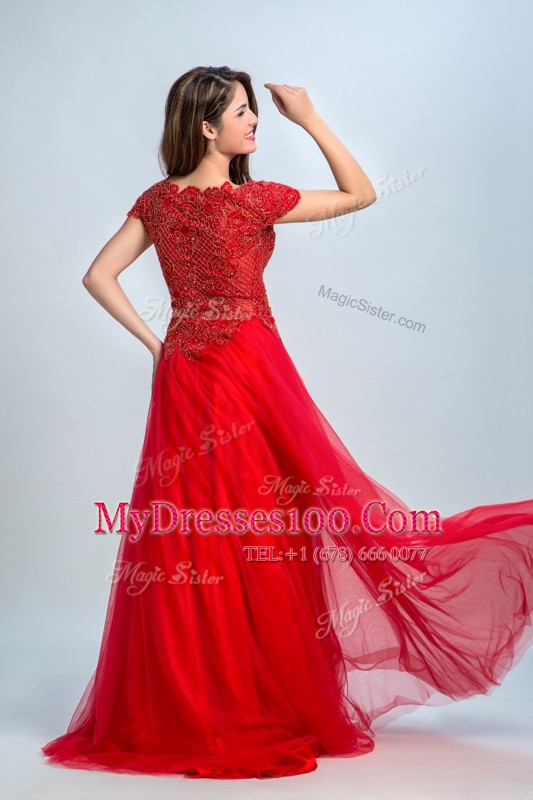 Red A-line Lace Prom Dress Zipper Tulle Cap Sleeves Floor Length