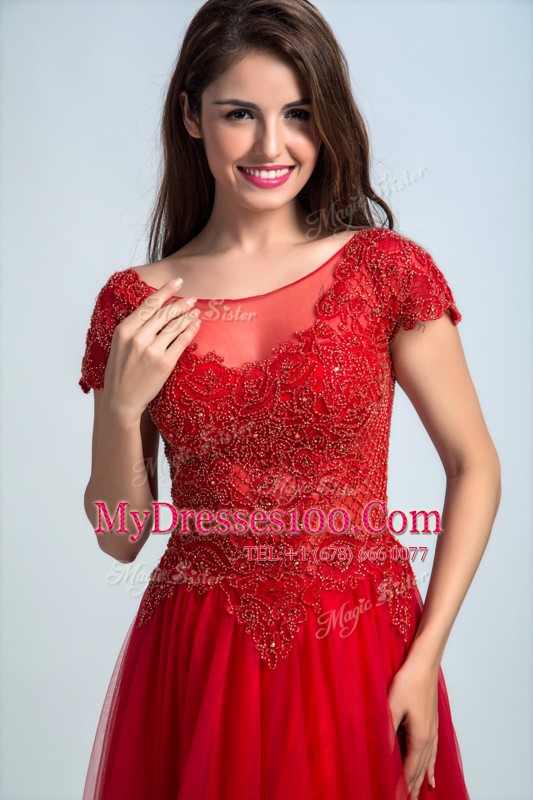 Red A-line Lace Prom Dress Zipper Tulle Cap Sleeves Floor Length