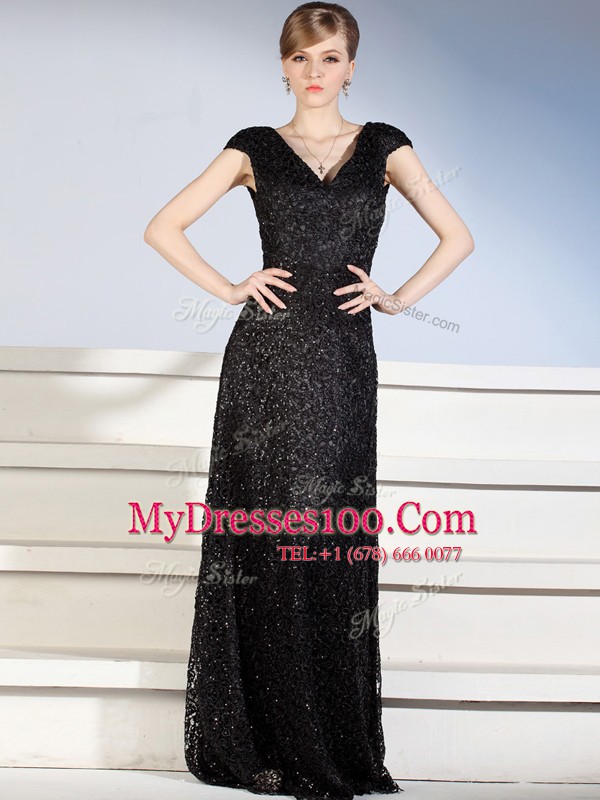 Black Side Zipper V-neck Beading and Lace Prom Dresses Lace Cap Sleeves Brush Train