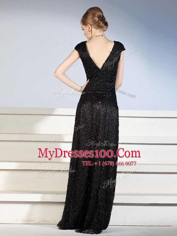 Black Side Zipper V-neck Beading and Lace Prom Dresses Lace Cap Sleeves Brush Train