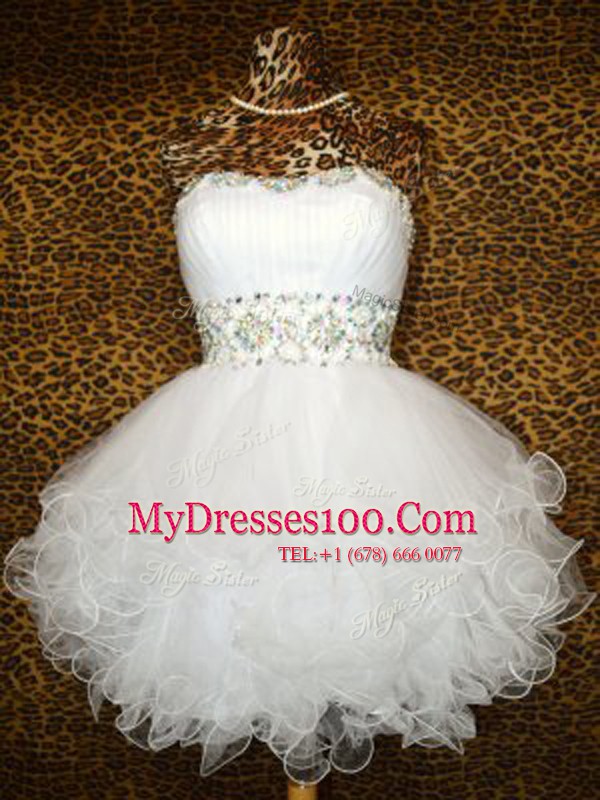 White Organza Lace Up Cocktail Dresses Sleeveless Knee Length Beading and Ruffles