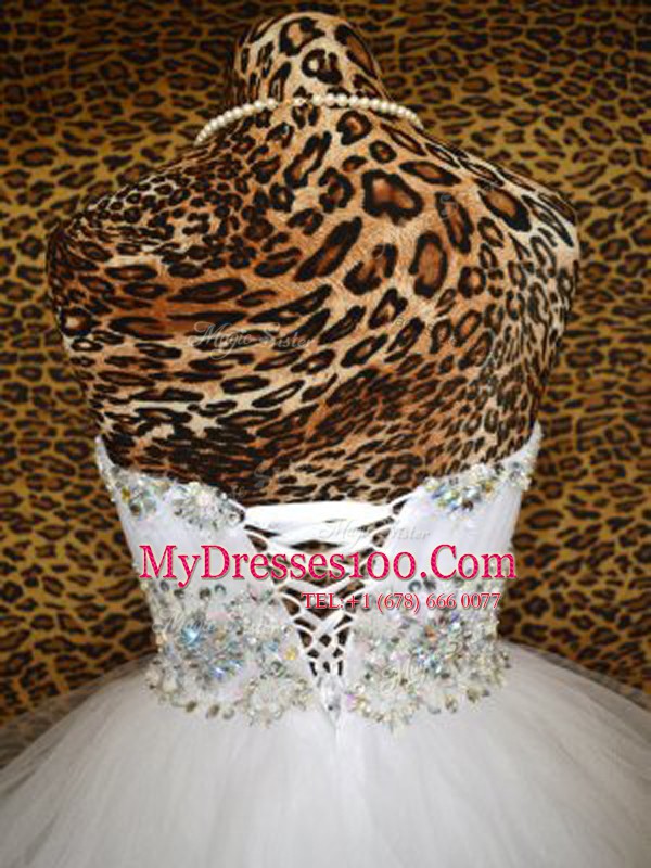 White Organza Lace Up Cocktail Dresses Sleeveless Knee Length Beading and Ruffles