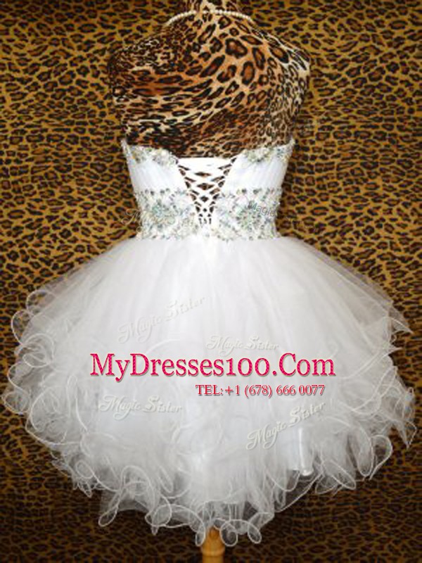 White Organza Lace Up Cocktail Dresses Sleeveless Knee Length Beading and Ruffles