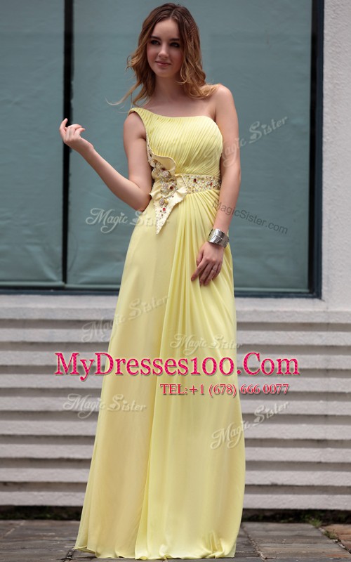 Sophisticated One Shoulder Sleeveless Floor Length Beading Side Zipper Homecoming Dress with Light Yellow
