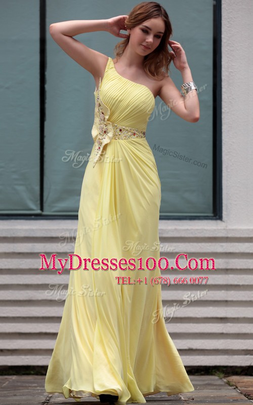 Sophisticated One Shoulder Sleeveless Floor Length Beading Side Zipper Homecoming Dress with Light Yellow