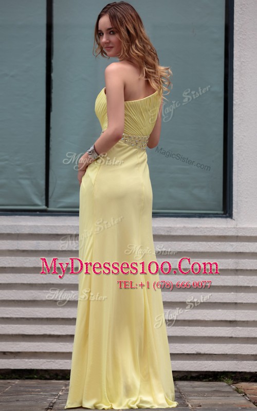 Sophisticated One Shoulder Sleeveless Floor Length Beading Side Zipper Homecoming Dress with Light Yellow