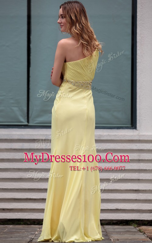 Sophisticated One Shoulder Sleeveless Floor Length Beading Side Zipper Homecoming Dress with Light Yellow