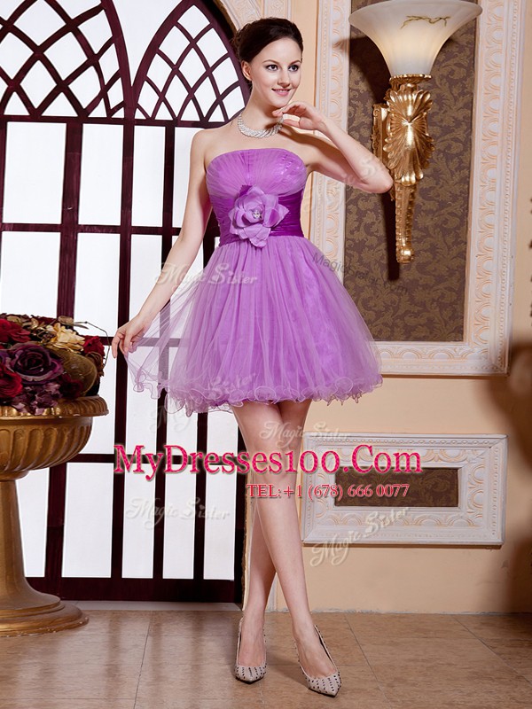 Mini Length Lilac Casual Dresses Organza Sleeveless Belt and Hand Made Flower
