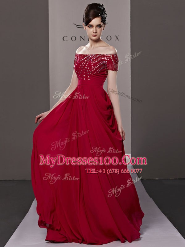 Stylish Off The Shoulder Short Sleeves Zipper Red Chiffon