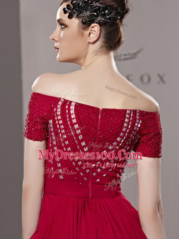 Stylish Off The Shoulder Short Sleeves Zipper Red Chiffon