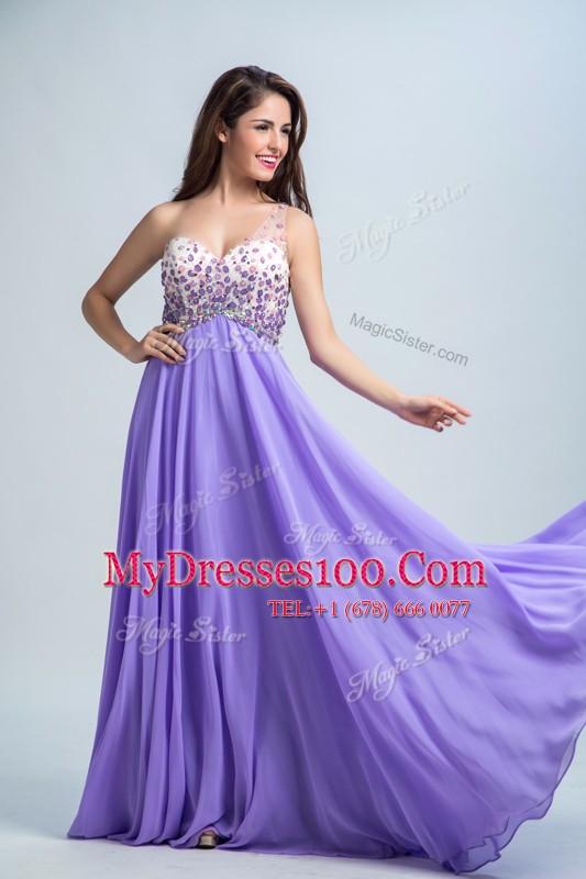 Popular Brush Train Column/Sheath Prom Dresses Lavender One Shoulder Chiffon Sleeveless With Train Backless