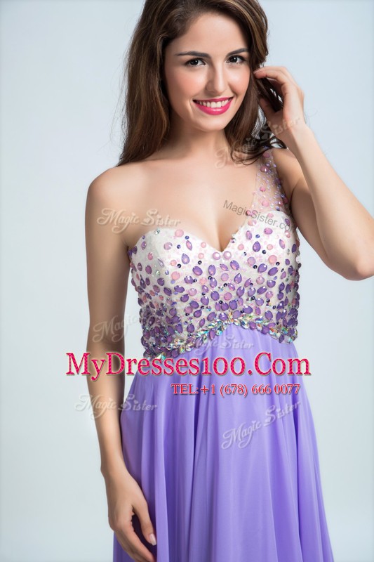 Popular Brush Train Column/Sheath Prom Dresses Lavender One Shoulder Chiffon Sleeveless With Train Backless