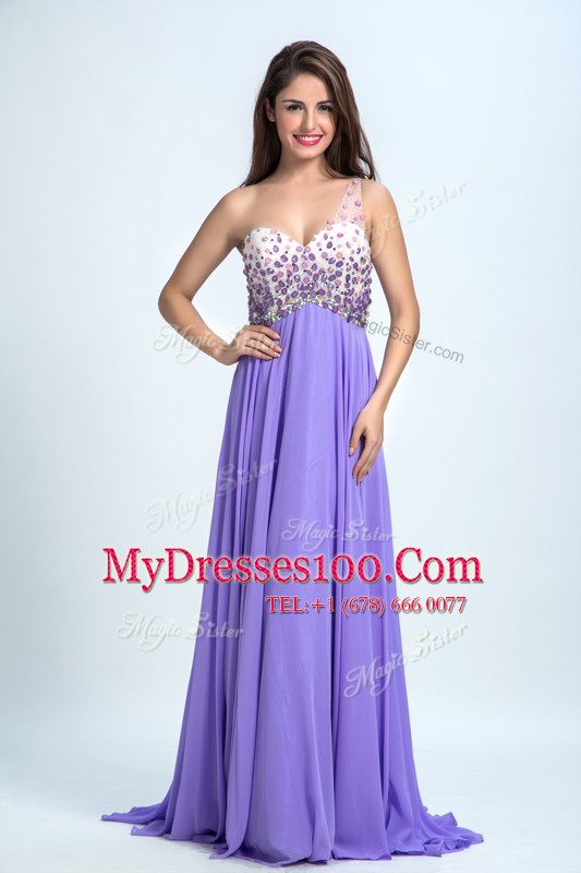 Popular Brush Train Column/Sheath Prom Dresses Lavender One Shoulder Chiffon Sleeveless With Train Backless