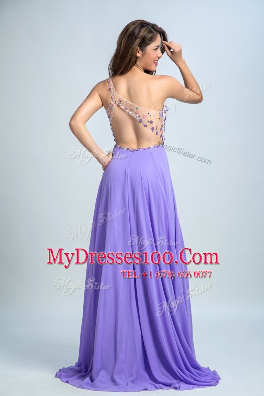 Popular Brush Train Column/Sheath Prom Dresses Lavender One Shoulder Chiffon Sleeveless With Train Backless