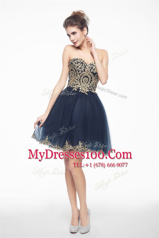 Navy Blue Sleeveless Mini Length Appliques Side Zipper Cocktail Dresses