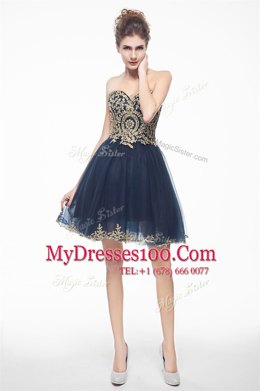 Navy Blue Sleeveless Mini Length Appliques Side Zipper Cocktail Dresses