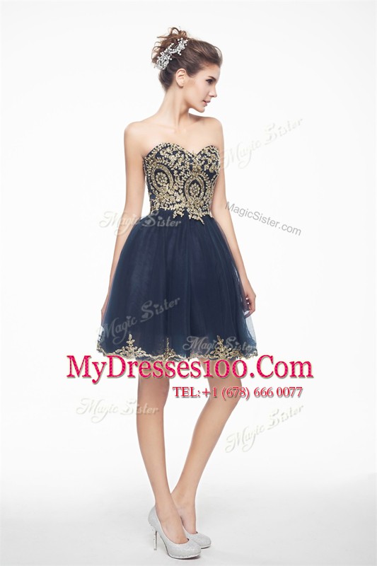 Navy Blue Sleeveless Mini Length Appliques Side Zipper Cocktail Dresses