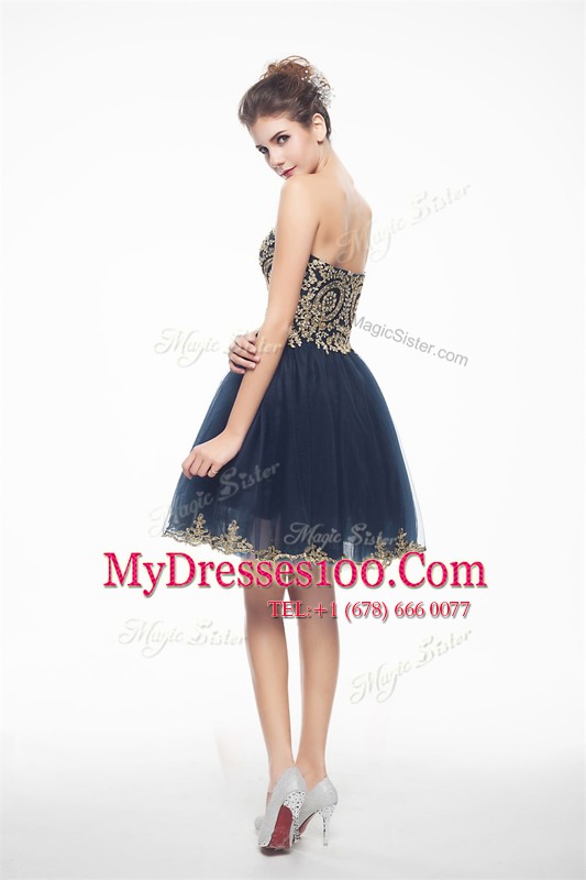 Navy Blue Sleeveless Mini Length Appliques Side Zipper Cocktail Dresses