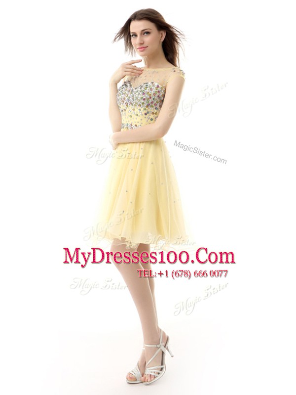 Light Yellow Sleeveless Knee Length Beading Zipper Evening Dress