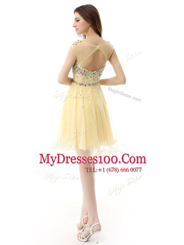 Light Yellow Sleeveless Knee Length Beading Zipper Evening Dress
