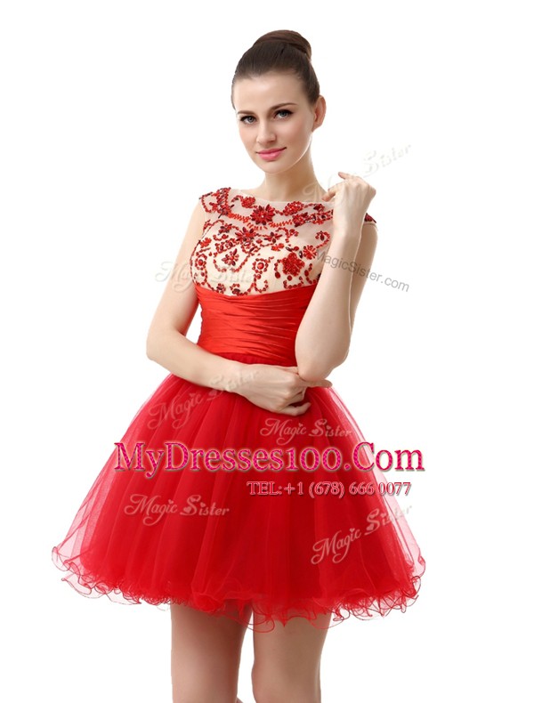 Fabulous Red Organza Zipper Cocktail Dresses Cap Sleeves Mini Length Beading and Ruching