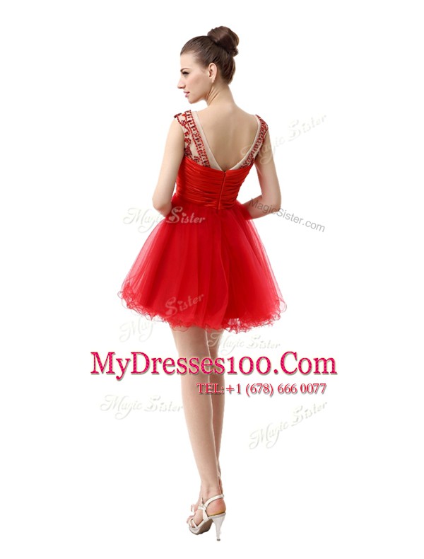 Fabulous Red Organza Zipper Cocktail Dresses Cap Sleeves Mini Length Beading and Ruching