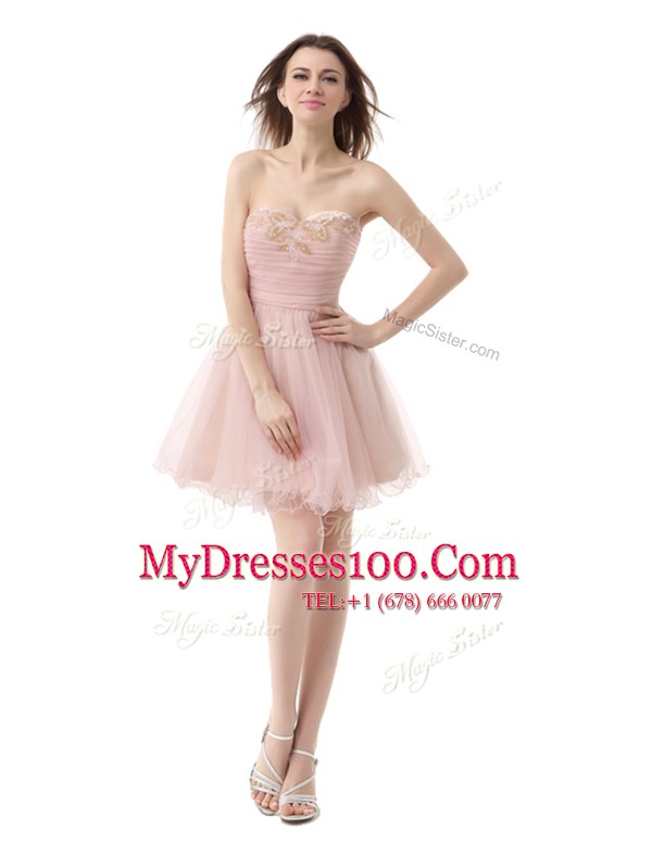 Ideal Pink A-line Beading and Ruching Prom Evening Gown Zipper Organza Sleeveless Mini Length