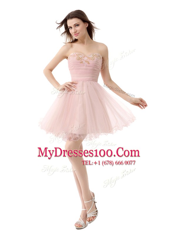 Ideal Pink A-line Beading and Ruching Prom Evening Gown Zipper Organza Sleeveless Mini Length