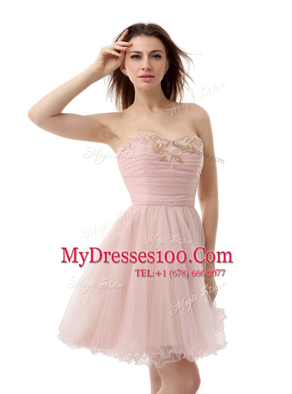 Ideal Pink A-line Beading and Ruching Prom Evening Gown Zipper Organza Sleeveless Mini Length