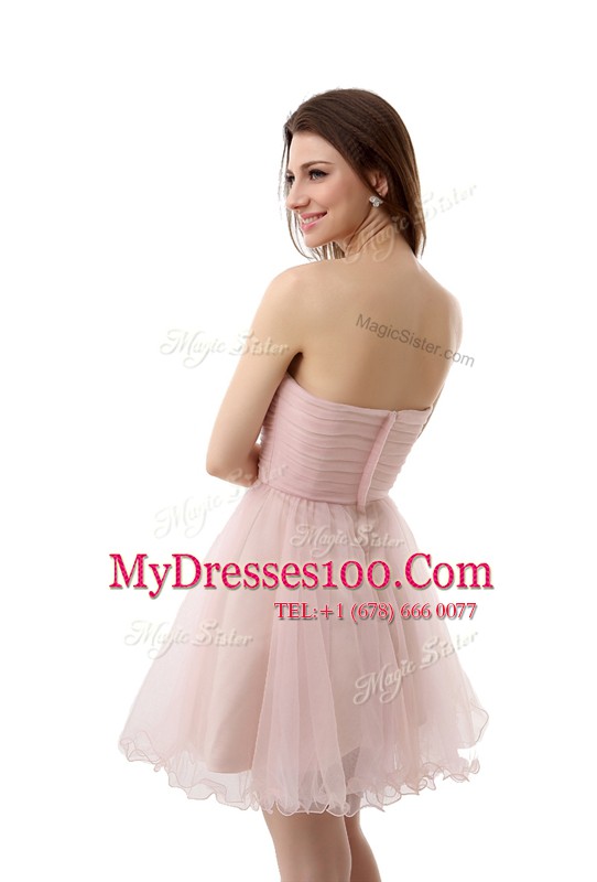 Ideal Pink A-line Beading and Ruching Prom Evening Gown Zipper Organza Sleeveless Mini Length
