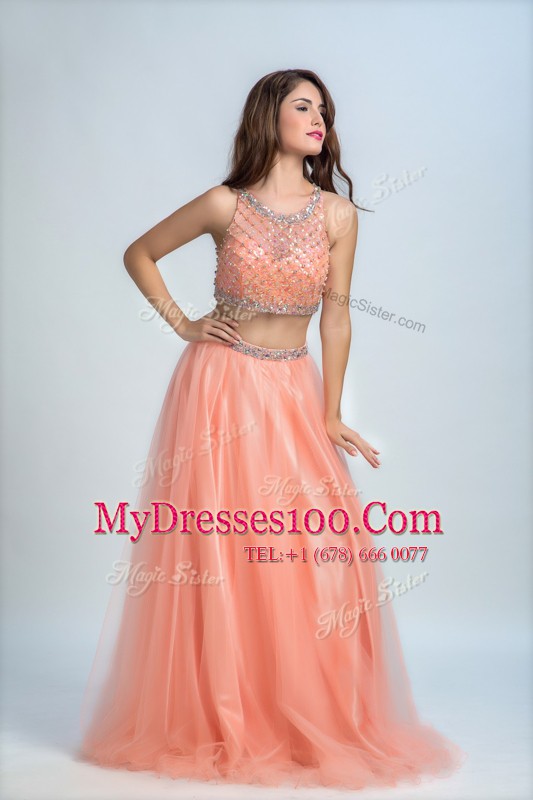 Scoop Peach Sleeveless Beading and Belt Floor Length Formal Evening Gowns