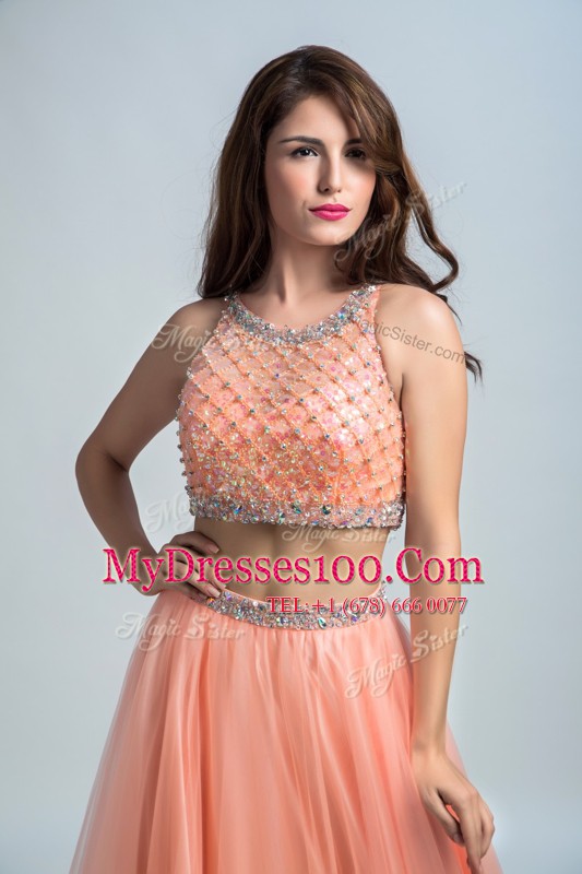 Scoop Peach Sleeveless Beading and Belt Floor Length Formal Evening Gowns