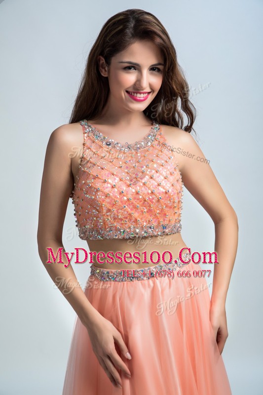 Scoop Peach Sleeveless Beading and Belt Floor Length Formal Evening Gowns