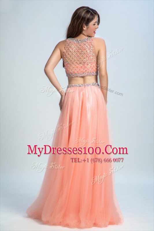 Scoop Peach Sleeveless Beading and Belt Floor Length Formal Evening Gowns