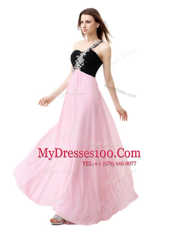Dynamic Pink And Black Empire One Shoulder Sleeveless Chiffon Floor Length Zipper Beading and Appliques and Ruffles Evening Dress
