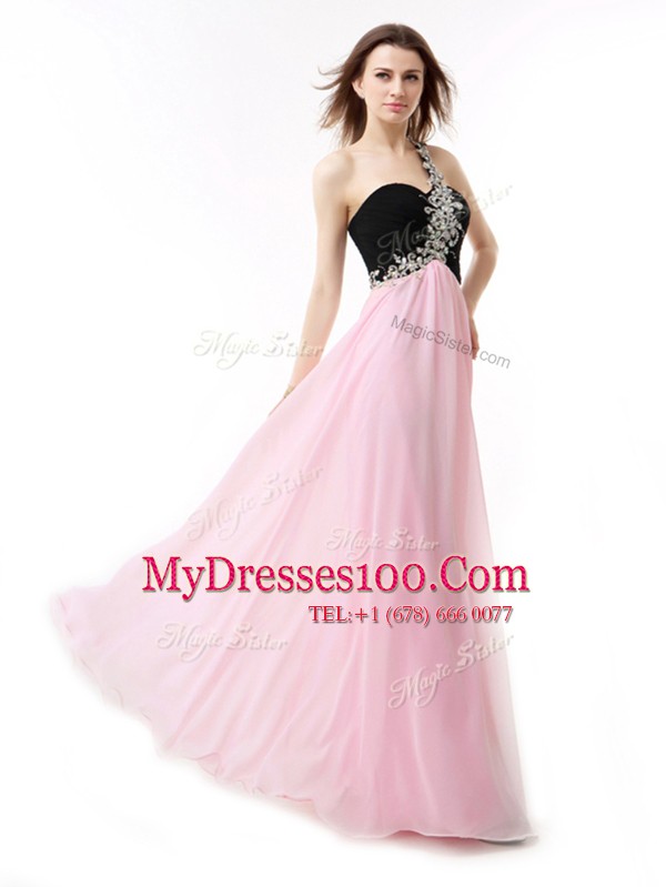 Dynamic Pink And Black Empire One Shoulder Sleeveless Chiffon Floor Length Zipper Beading and Appliques and Ruffles Evening Dress