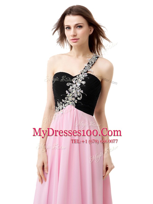 Dynamic Pink And Black Empire One Shoulder Sleeveless Chiffon Floor Length Zipper Beading and Appliques and Ruffles Evening Dress