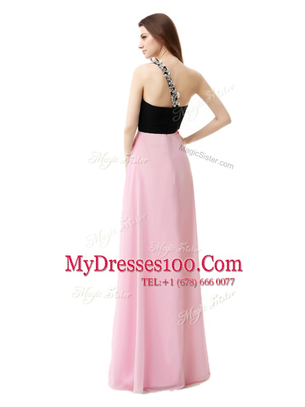 Dynamic Pink And Black Empire One Shoulder Sleeveless Chiffon Floor Length Zipper Beading and Appliques and Ruffles Evening Dress